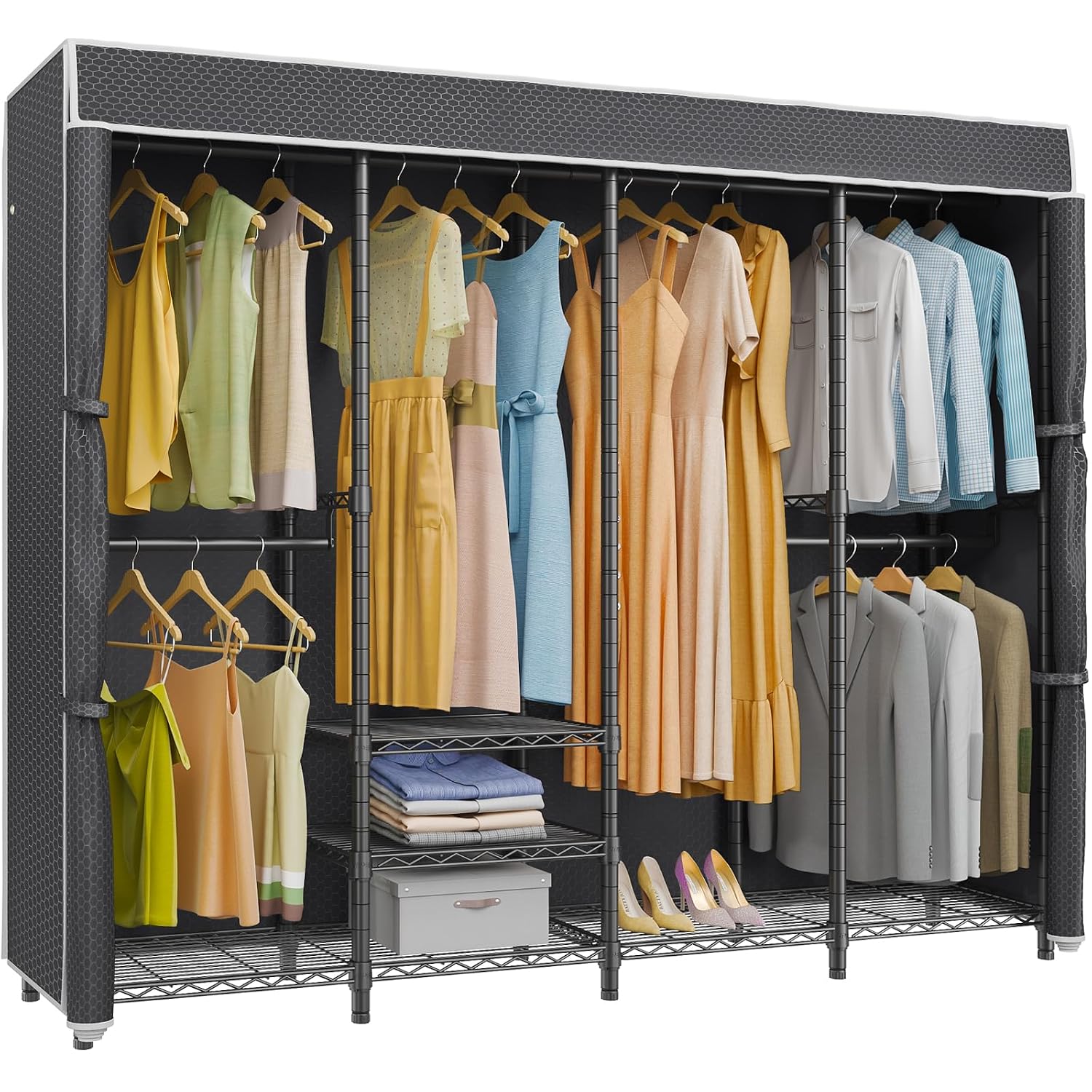 Wardrobe Closet Portable Fabric Cover - ราวแขวนเสื้อผ้าแบบมีผ้าคลุม ขนาดกลาง ตั้งพื้นได้ ผ้าอ็อกซ์ฟอร์ด ปรับระดับได้ พกพาสะดวก