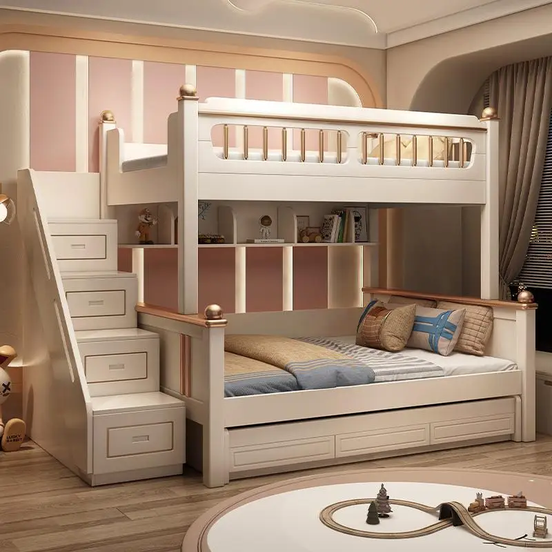King Size Bed Frame With Storage Drawers - เตียงสองชั้นไม้ขนาด 135x190 ซม. พร้อมบันไดเลื่อน โครงเตียงขนาดคิงไซส์ 3