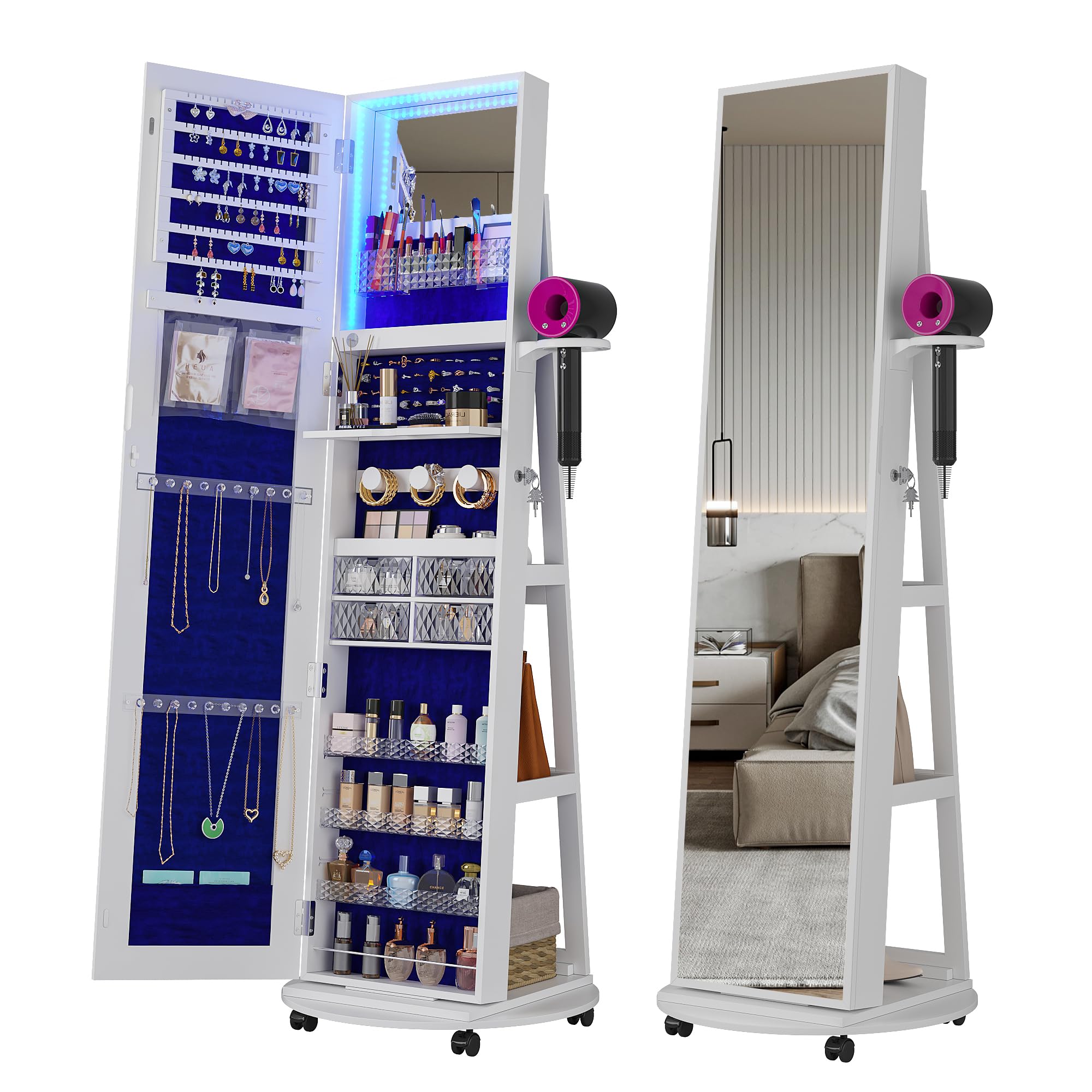 Full Length Mirror Jewelry Armoire - 360 ° ตู้เก็บเครื่องประดับแบบหมุนได้ พร้อมกระจก, ตู้เก็บเครื่องประดับแบบตั้งพื้นพร้อมไฟ LED,