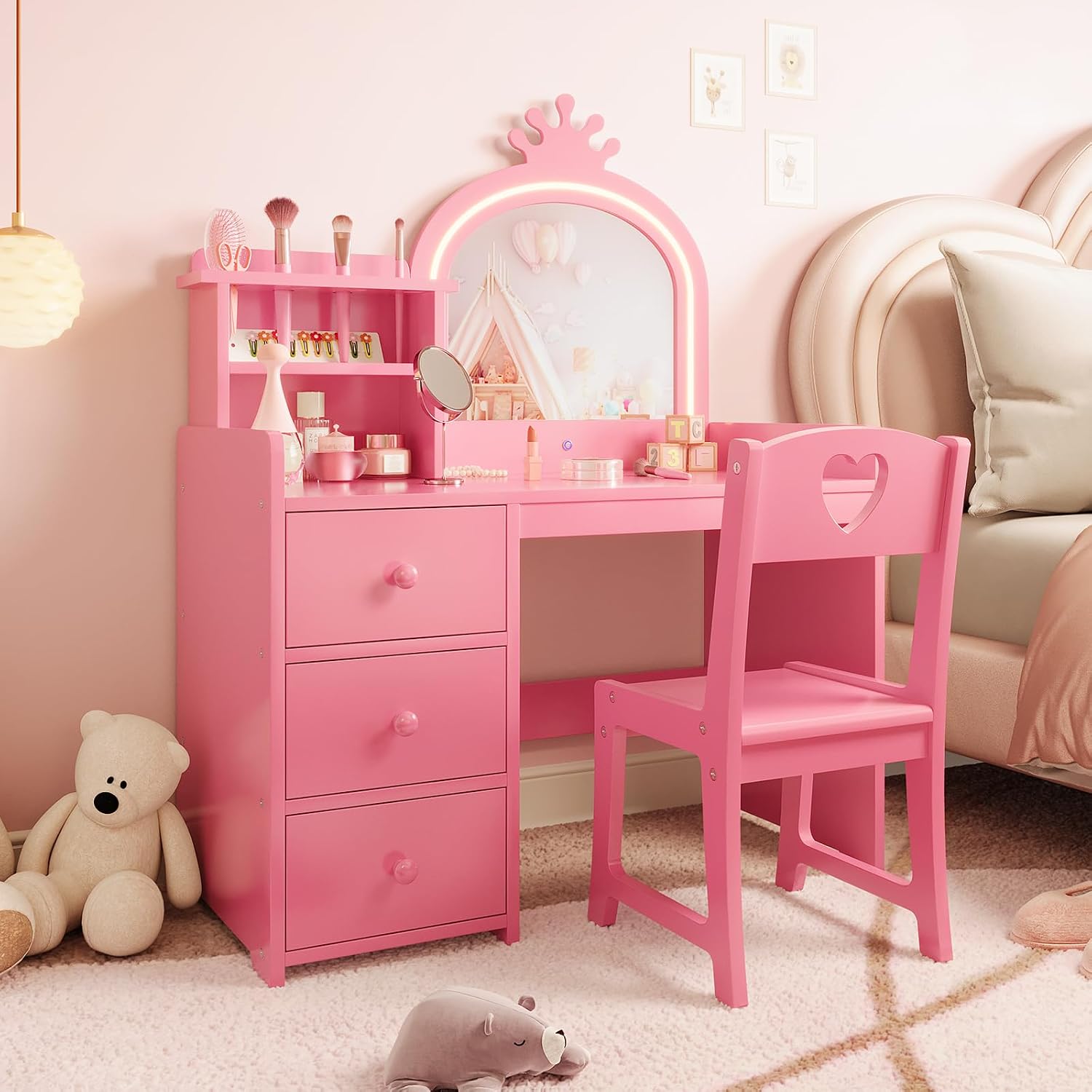 Dressing Table Vanity With Lighted Mirror - โต๊ะเครื่องแป้งสำหรับเด็ก พร้อมกระจกมีไฟ, ชุดโต๊ะเครื่องแป้งไม้สีชมพูสไตล์เจ้าหญิง พร้อมเก้าอี้, ชั้นวางของและลิ้นชัก, โต๊ะเครื่องแป้งแบบ