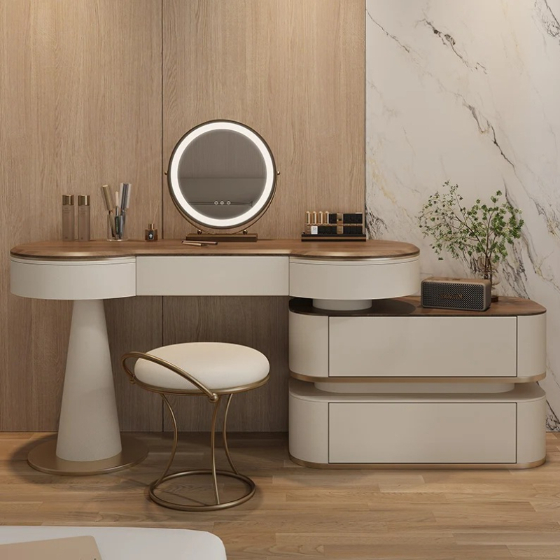 Dressing Table Vanity With Lighted Mirror - โต๊ะเครื่องแป้งไม้พร้อมไฟและกระจกสไตล์นอร์ดิก พร้อมเก้าอี้แต่งหน้า โต๊ะเครื่องแป้งสไตล์นอร์ดิกสมัยใหม่ เฟอร์นิเจอร์ห้องนอน