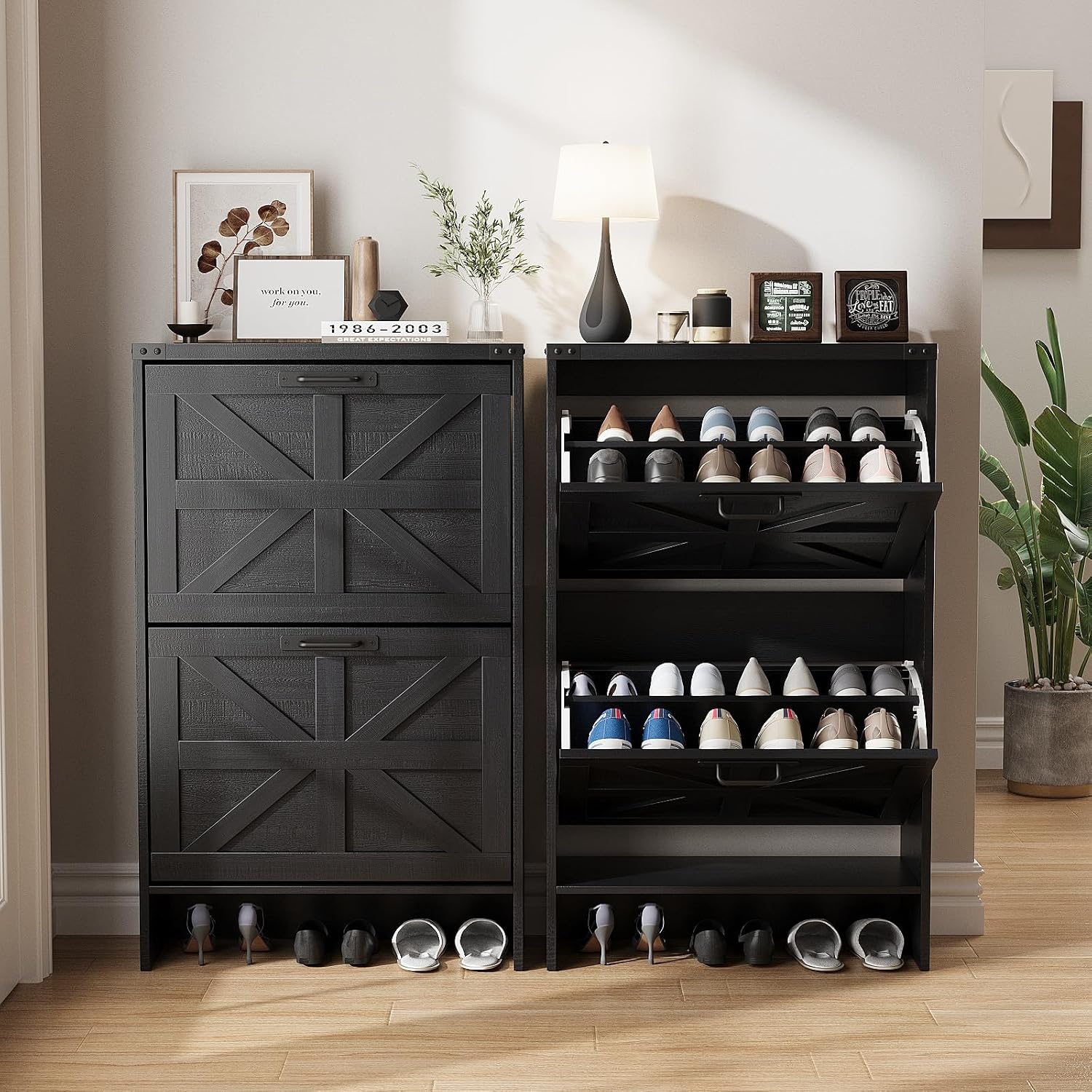 Shoe Rack Cabinet Narrow Entryway - ตู้เก็บรองเท้าทรงเพรียวบางพร้อมลิ้นชักแบบเปิด-ปิด 2 ช่อง, ชั้นวางของแบบตั้งพื้นสำหรับทางเข้าและโถงทางเดิน, สีดำ, ปรับแต่งได้
