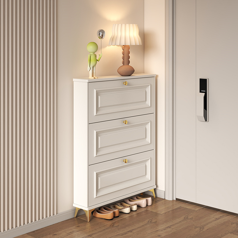 Shoe Rack Cabinet Narrow Entryway - ตู้เก็บรองเท้าแบบฝรั่งเศส - ดีไซน์แคบพิเศษสีครีมสไตล์วบิซาบิ ชั้นวางรองเท้าประหยัดพื้นที่ ตู้เก็บรองเท้าทันสมัยสำหรับทางเดิน