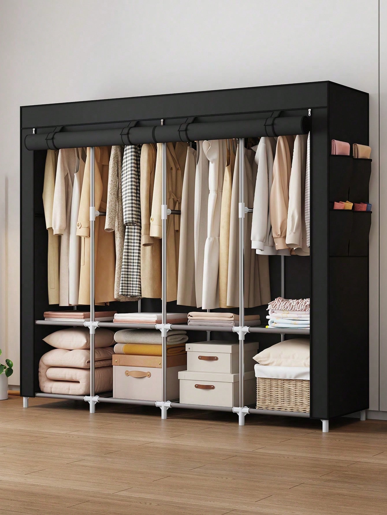 Wardrobe Closet Portable Fabric Cover - ตู้เสื้อผ้าแบบพกพาขนาดใหญ่ ตู้เก็บเสื้อผ้าผ้าสีดำทันสมัย พร้อมผ้าคลุมกันฝุ่นแบบม้วนได้ โครงเหล็ก ช่องเก็บของด้านข้าง ชั้นแขวนอิสระ