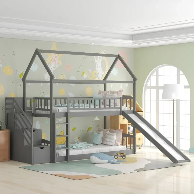เตียงสองชั้นสำหรับเด็ก ทำจากไม - Bunk Bed With Stairs And Slide บทวิจารณ์และราคา