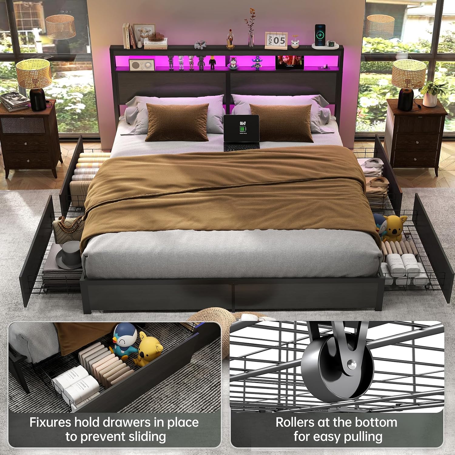 โครงเตียงขนาดคิงไซส์พร้อมหัวเต - King Size Bed Frame With Storage Drawers บทวิจารณ์และราคา