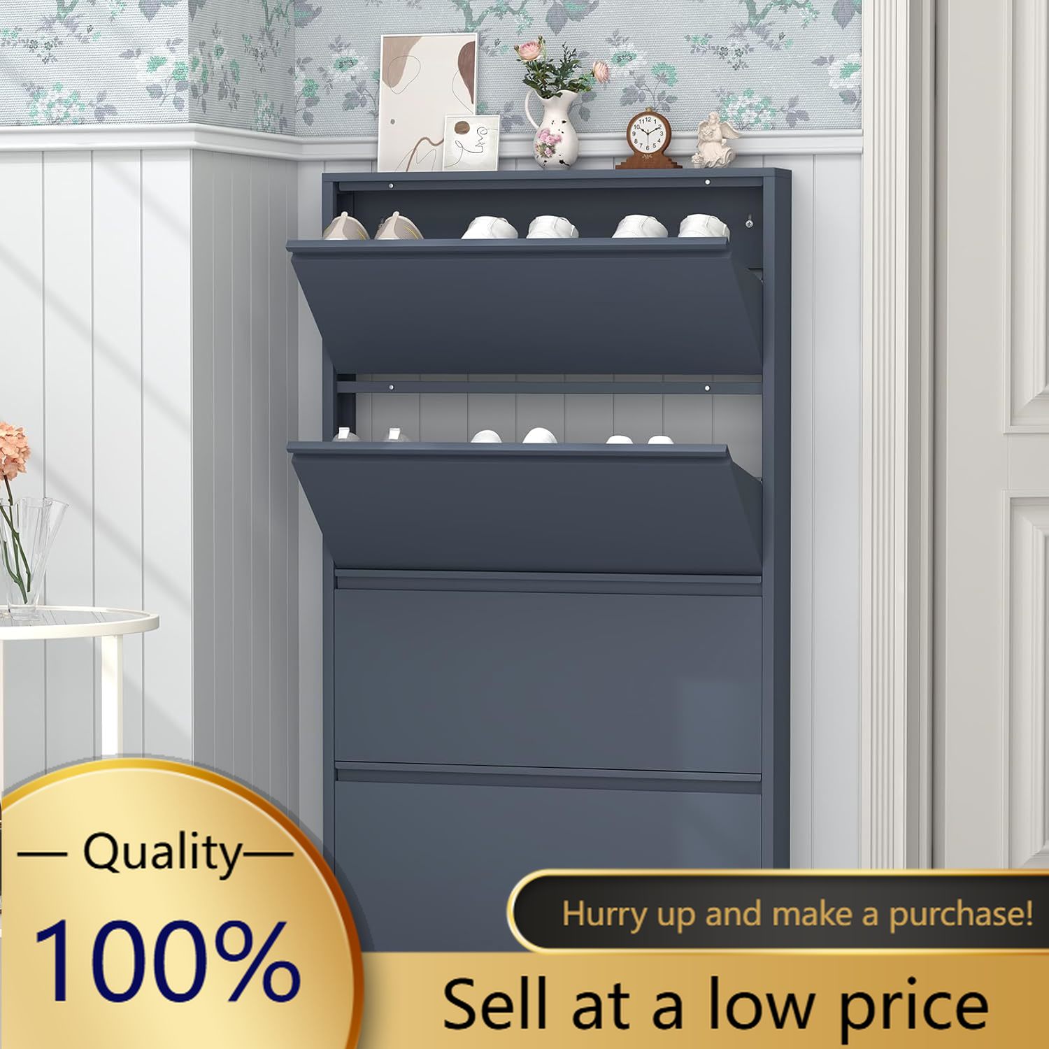 ตู้เก็บรองเท้าพร้อมลิ้นชักแบบเ - Shoe Rack Cabinet Narrow Entryway บทวิจารณ์และราคา